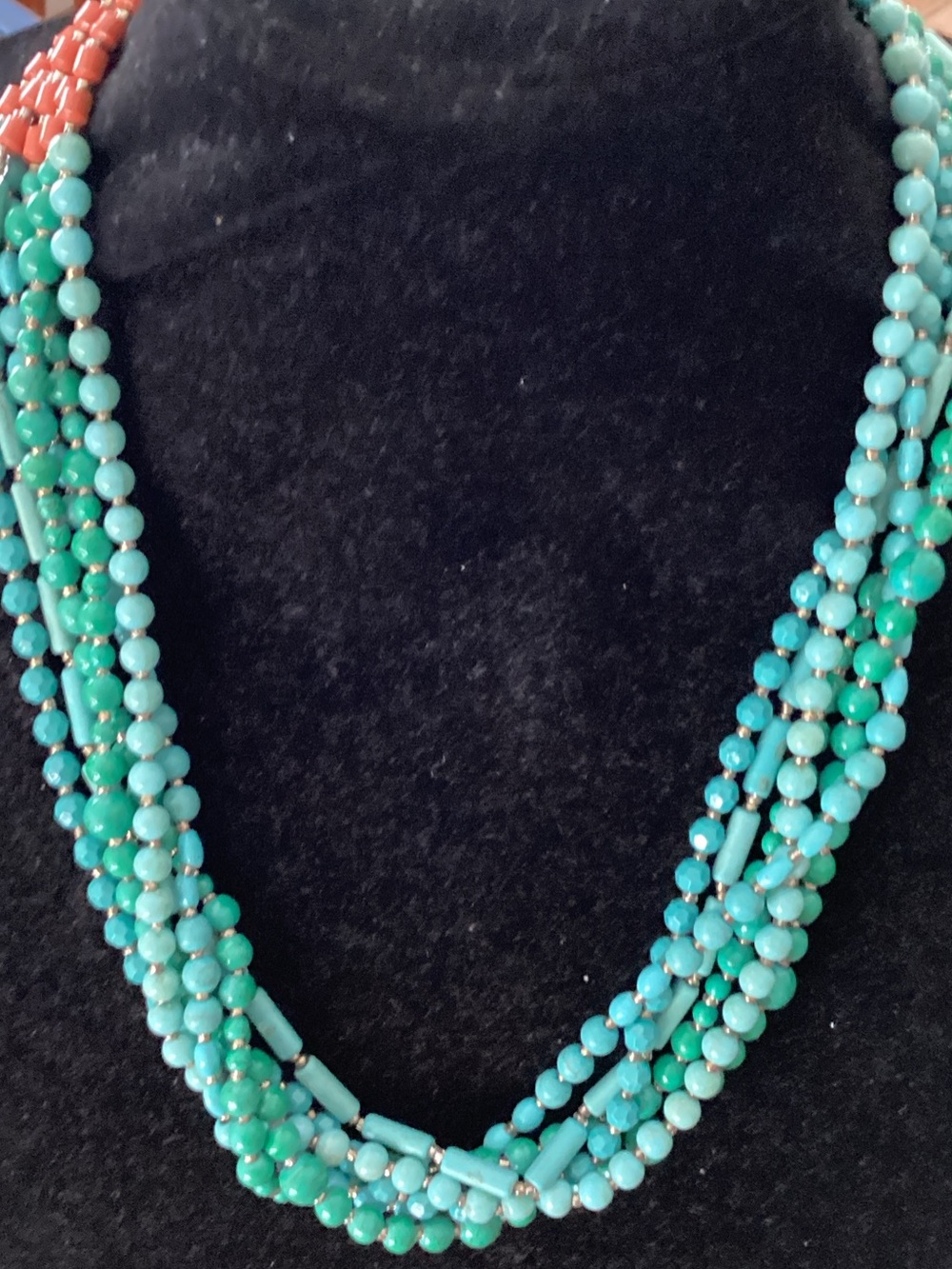LOFT Green Multi-Strand Beaded Necklace with Coral Accent